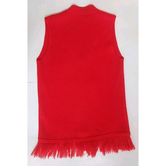 Vintage 1970s Ladies Large Carol Brent Red Knit Long Fringed  Button Down Vest - Picture 6 of 6